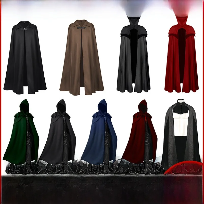 New Halloween Party Medieval Multi-Color Hooded Long Coat Gothic Style Men's Large Cloak Ethnic Stage Costume Ladies Fashion
