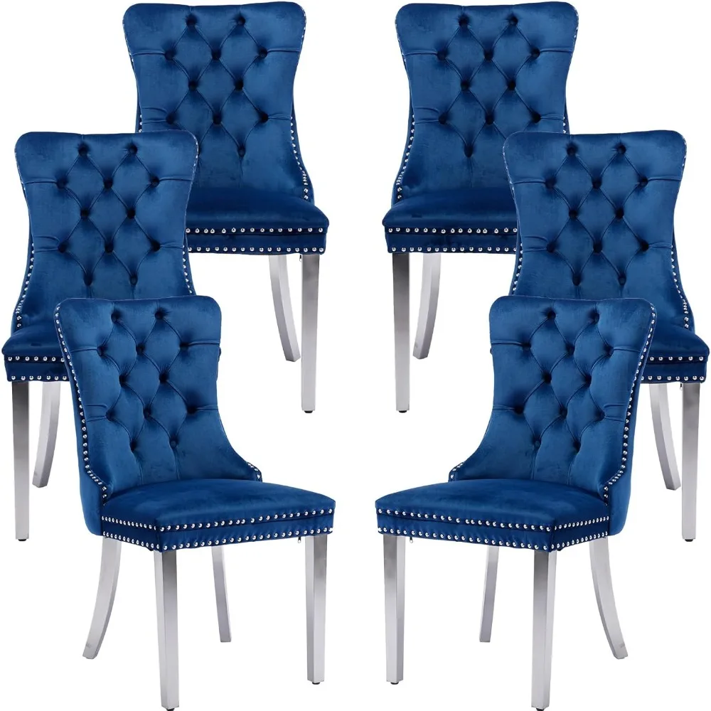 Blue Velvet Dining Chairs Set of 6, Kitchen & Dining Room Chairs Set of 6, Tufted Dining Chairs