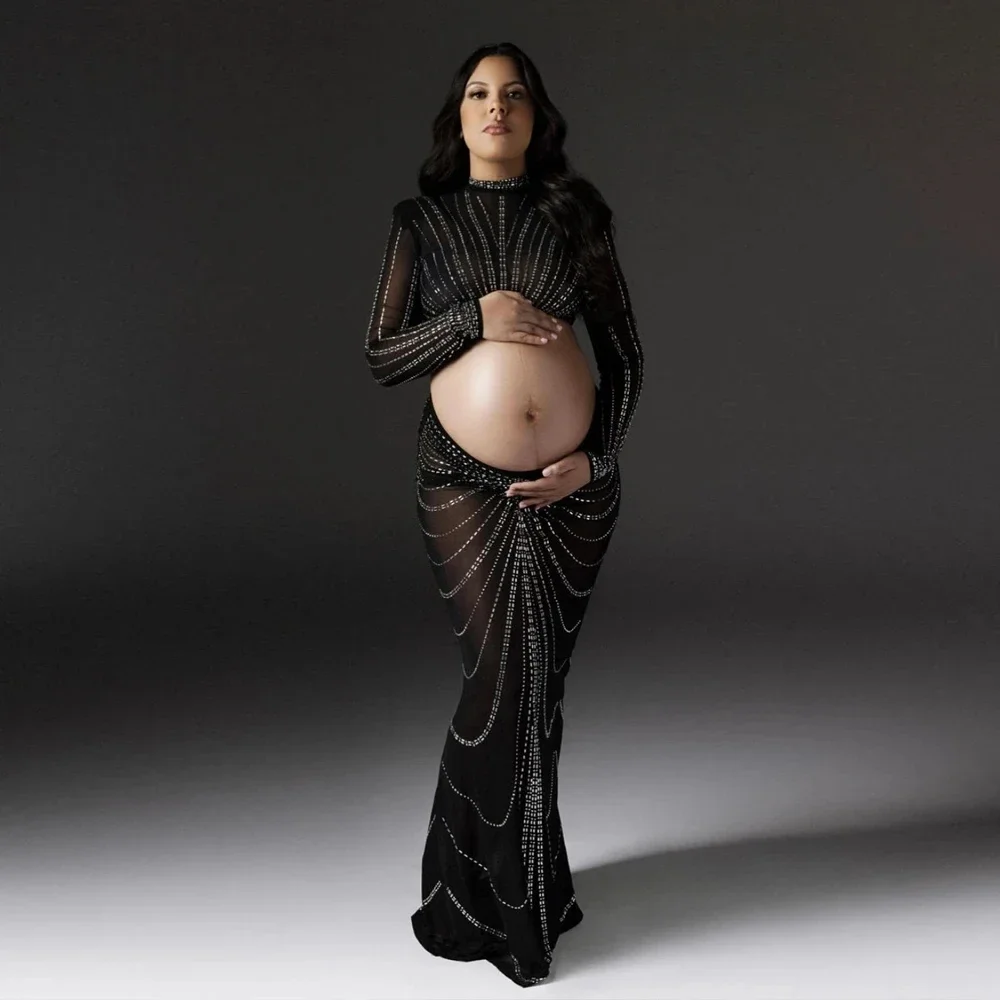 Tulle Hot Fix Crystal Maternity Photoshoot Dress Set Rhinestone Stretchy Pregnancy Photography Outfit Cut Out Women Evening Gown