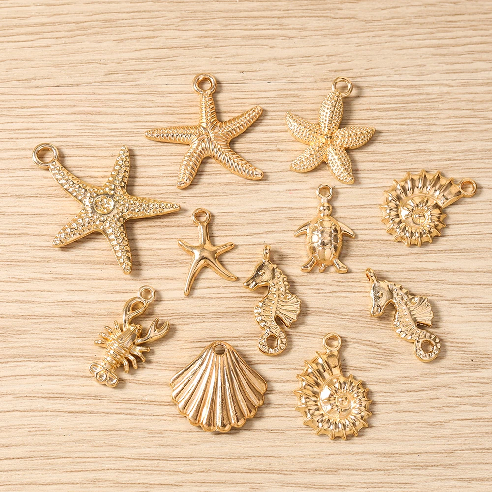 Tusember 10 Stück Anhänger aus Legierung in Goldfarbe mit Seestern-, Hummer- und Muschelmotiven für die Schmuckherstellung, Ohrringe, Halsketten, DIY-Zubehör – Detail 1