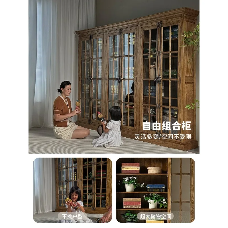 American old red oak full main material villa furniture bookcase, living room display cabinet combination cabinet light luxury