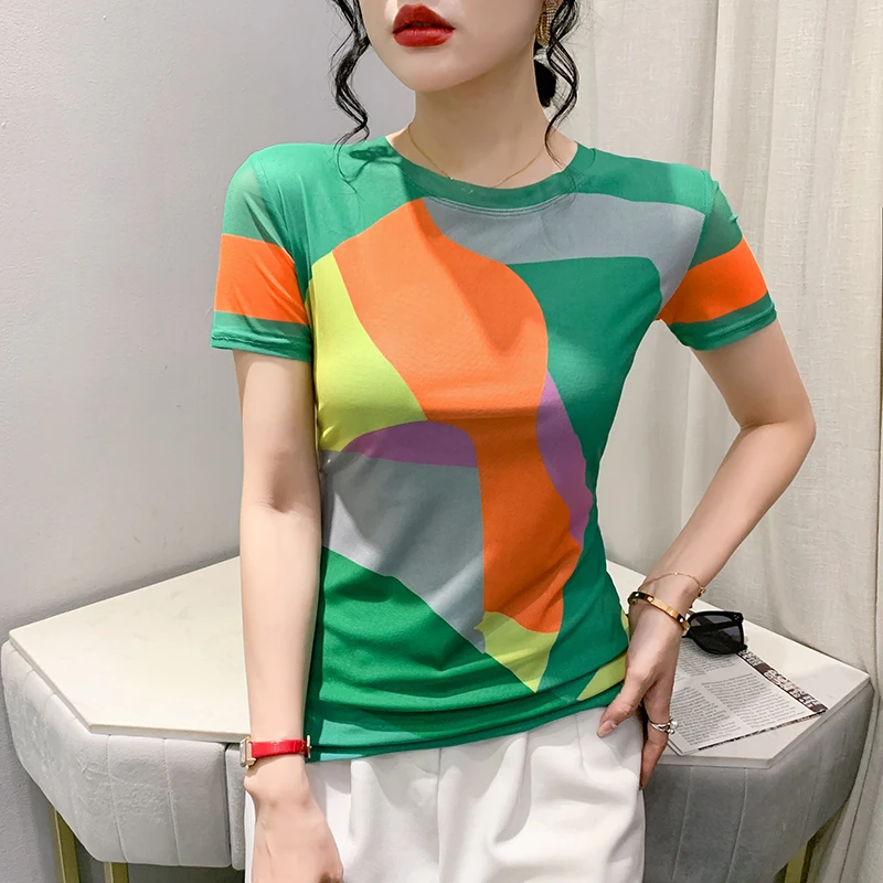 

2023 New Summer European Clothes Mesh T-Shirt Women Chic Sexy O-Neck Print Geometric Figure Tops Short Sleeve Casual Tees 36171