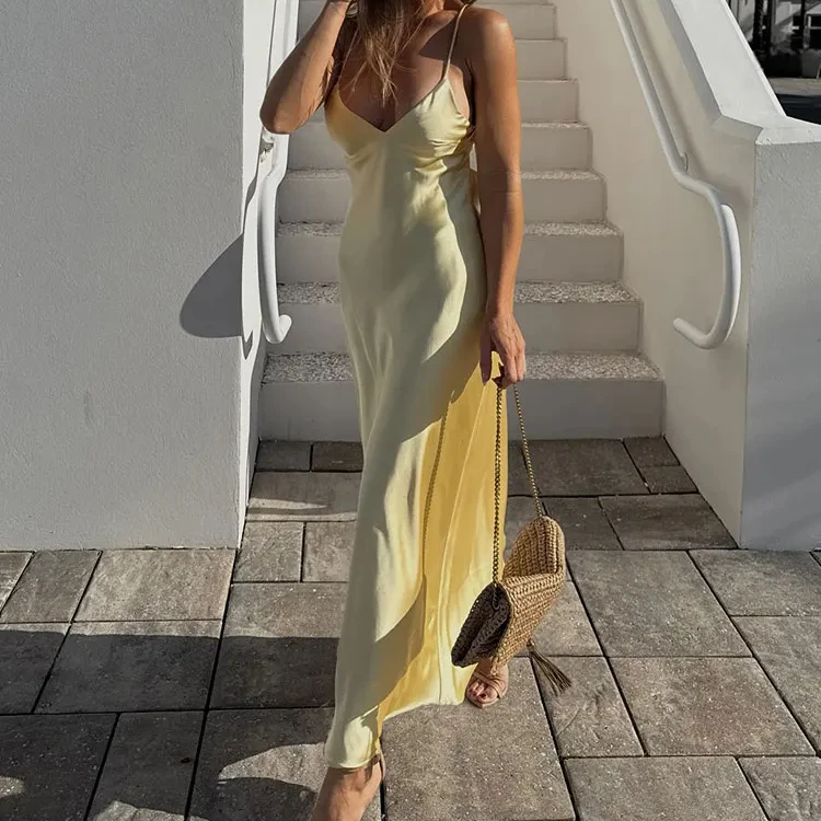 ผู้หญิงฤดูร้อนคราบสีเหลือง V คอชุดสลิง Elegant หลวม Maxi Robes 2025 ใหม่สุภาพสตรี Holiday Dresses