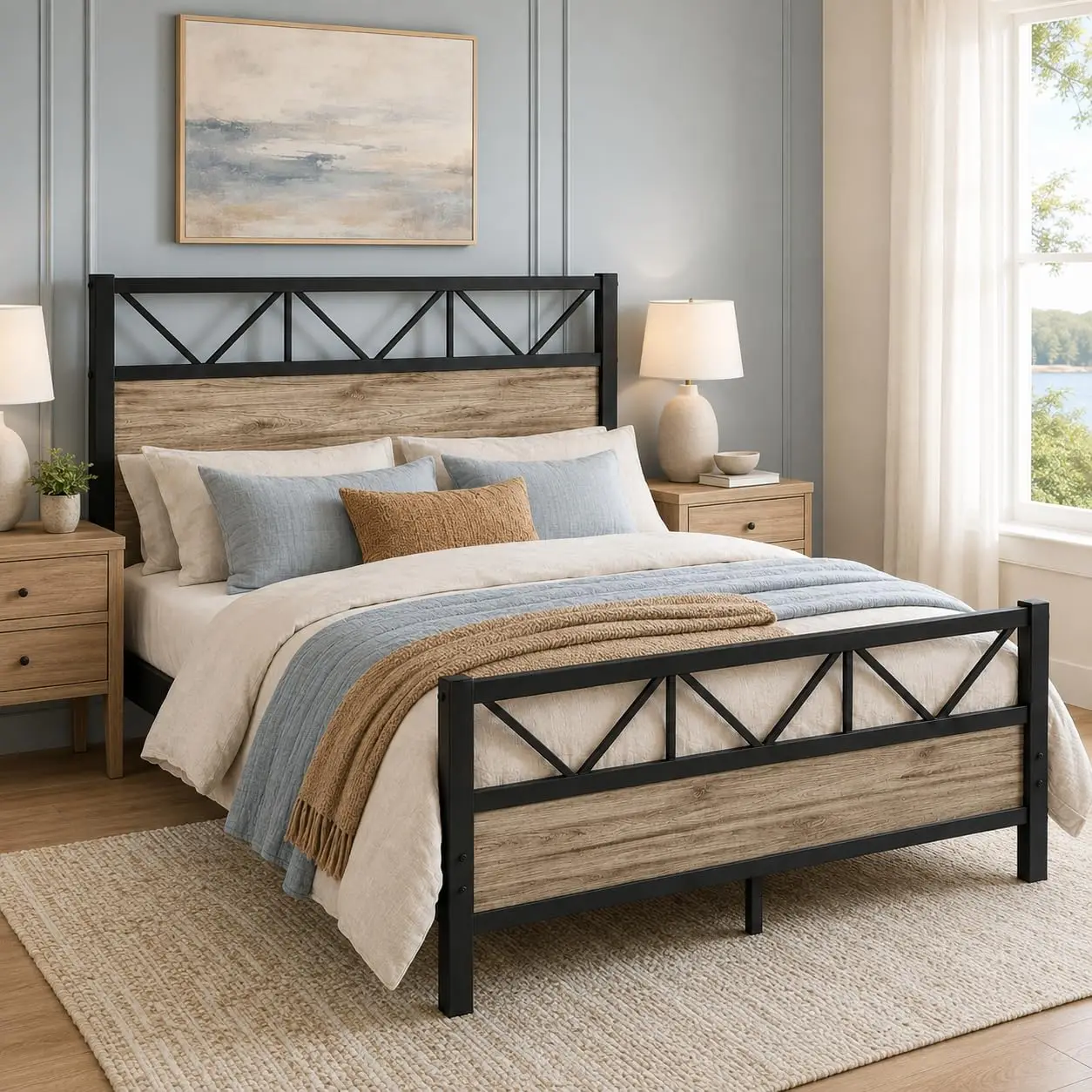 Full Size Bed Frame with 51.2'' Tall Headboard, Wash Grey