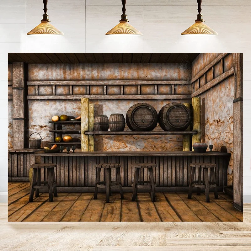 Western Cowboy Photography Backdrop Shabby Saloon Tavern Old Wall Wooden Bar Counter Tables Chairs Background Banner