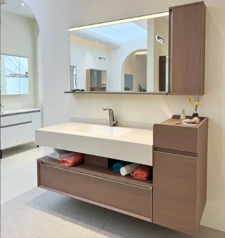 High-end Plywood Bathroom Vanity With Mirror And Ceramic Basin, Waterproof, Suitable For Luxury Apartments And Modern Decor