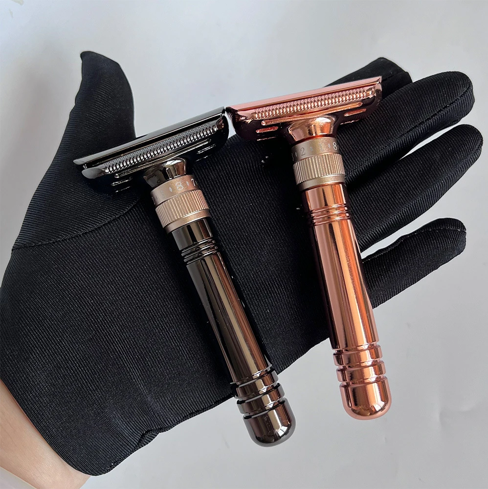 Adjustable Double Edge Safety Razor for Men 1-8 Levels Adjustable Wet Shaving Razor Polished Black Metal Non-Slip Handle Razor