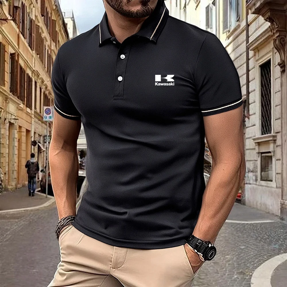 

Мотоциклетный костюм KAWASAKI, летняя мужская повседневная уличная одежда высокого класса, рубашка-поло с короткими рукавами, футболка с микроэластичными лацканами
