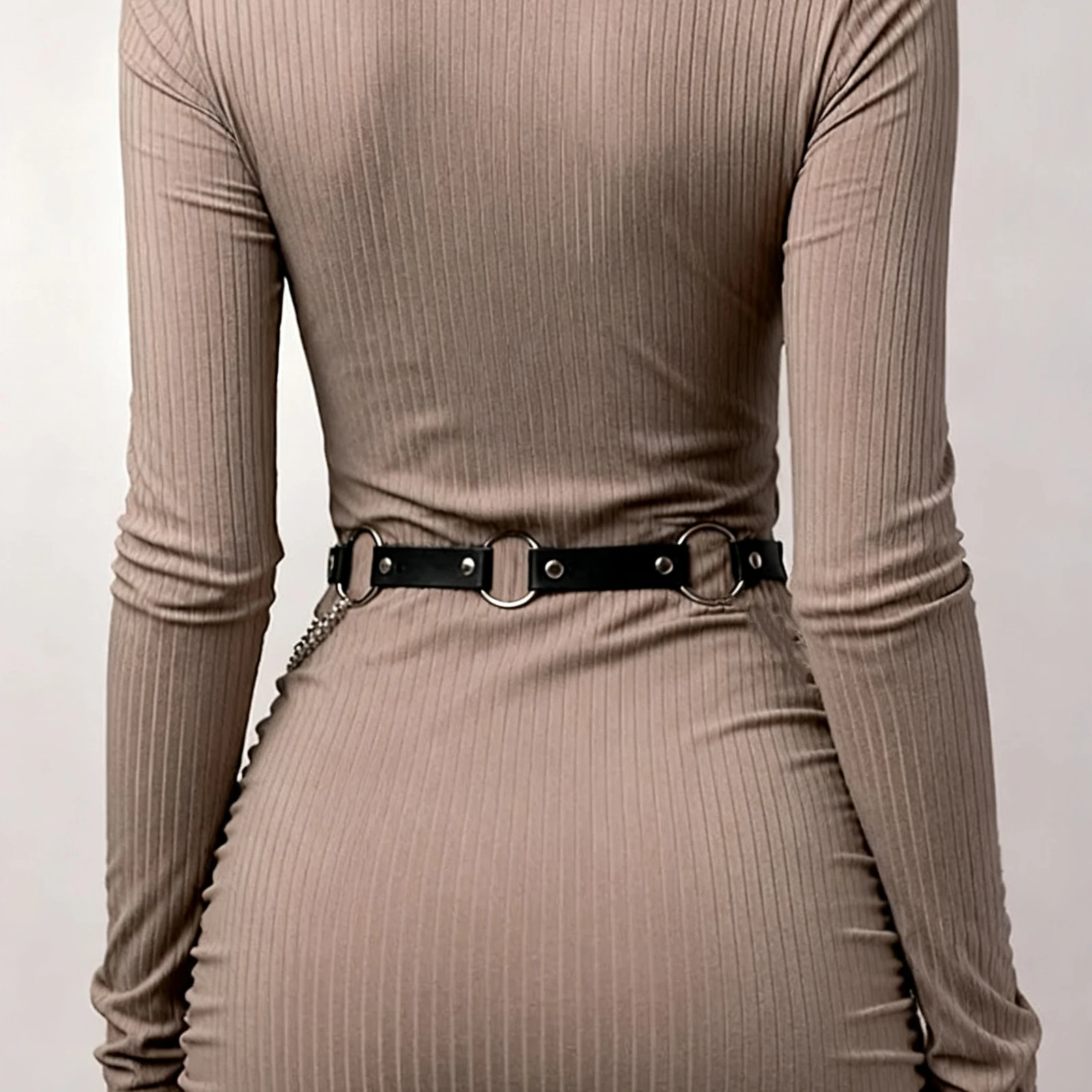 Single Big O-Ring Double Dangle Chain Slim Waist Belt Cool Punk Leather Decor For Intimate Romantic Dating Outfit