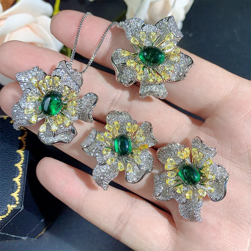 

Женские роскошные серьги с цирконием серебряного цвета с зеленым цветком, кольцо, кулон, ожерелье, комплект ювелирных изделий, свадебный банкет, вечеринка, праздничный подарок