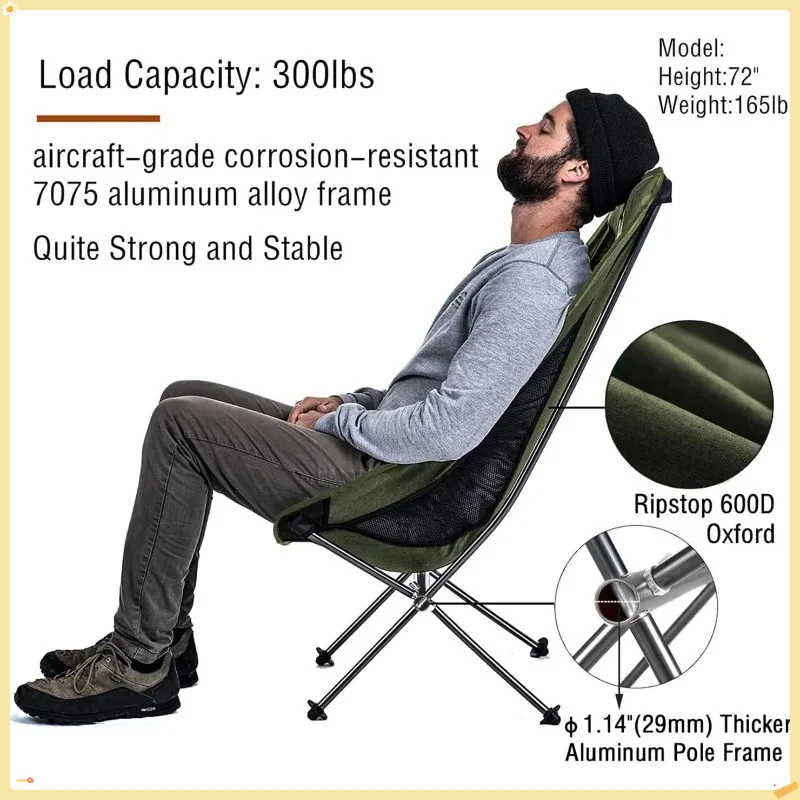 Silla plegable para acampar, ligera, con respaldo alto, compacta, para exteriores, resistente, 330 libras, portátil para adultos, senderismo, pesca, viajes