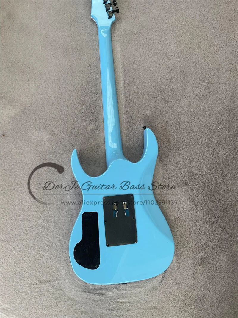 Light Blue Electric Guitar Pink Pickups Tremolo Bridge Rosewood Fingerboard Red Inlay Black Tuners