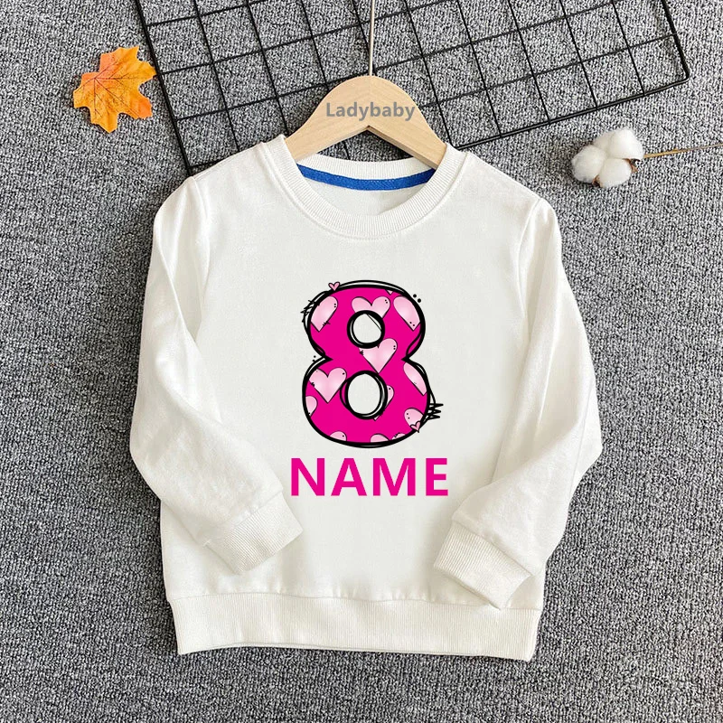 Pink Heart Cute Girls Sweatshirts 1 2 3 4 5 6 7 8 9 Years Birthday Customize Name Kids Hoodies Baby Pullover Tops Clothes Gift