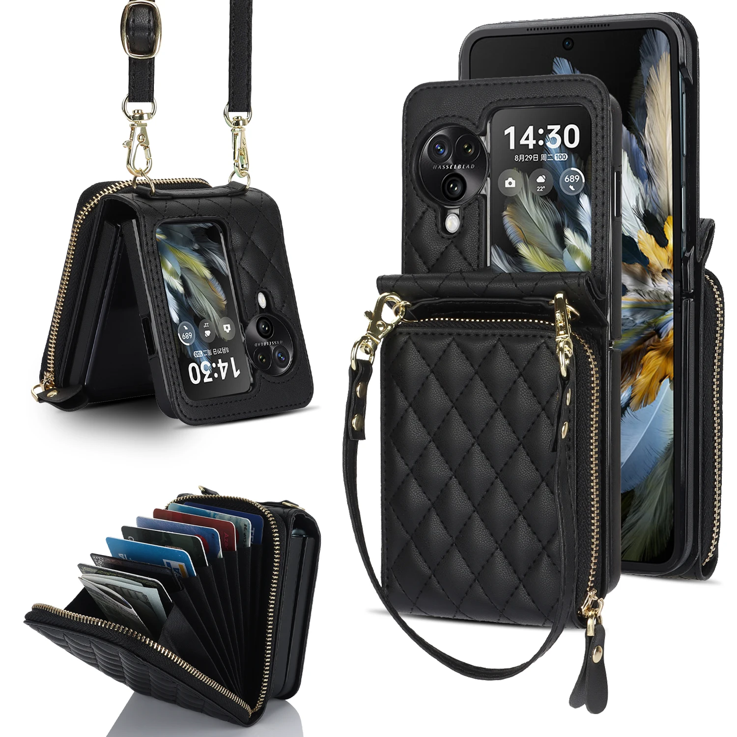 Leather Zipper Crossbody Lanyard Cards Slot Wallet Strap Holder Folding Cover For Oppo Find N3 N2 Flip shockproof Phone Case