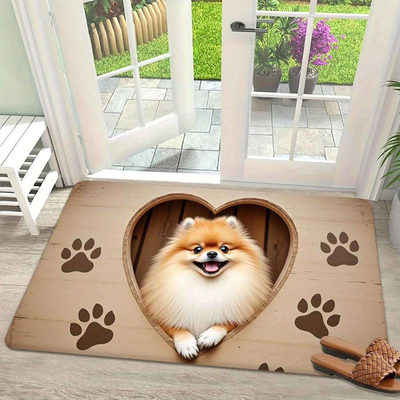 1pc Flannel Floor Mat, Outdoor Indoor Door Mat Souvenir and Holiday Gift, Cute Pomeranian Peeking Heart-Shaped Cardboard Box
