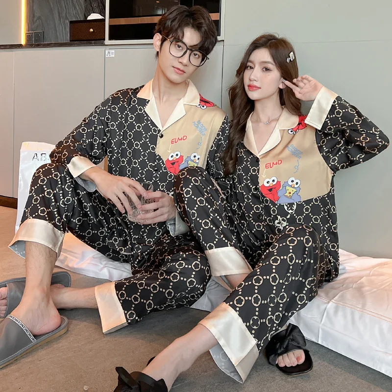 

2024 Spring Autumn New Couple Pajamas Cartoon Ice Silk Long Sleeved Pants Can Be Outworn For Home Clothing