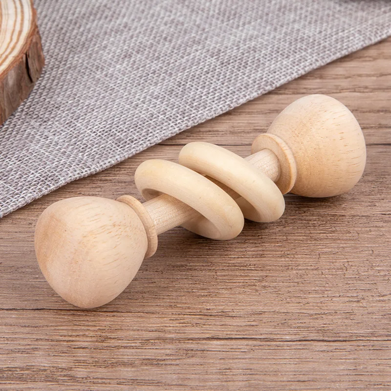 4 Pieces Wooden Baby Rattle Toy Montessori Teething Ring Log Geometric Grab Toy Natural Wood Rattle Set for Infants and Toddlers