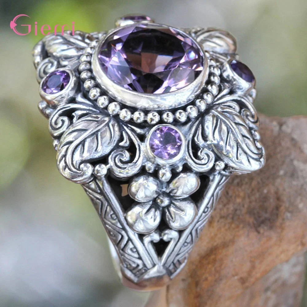 Vintage Flower Shape Genuine 925 Sterling Silver Rings Elegant Crystal Rings For Women Super Nice Jewelry For Party Dance - Detail 1