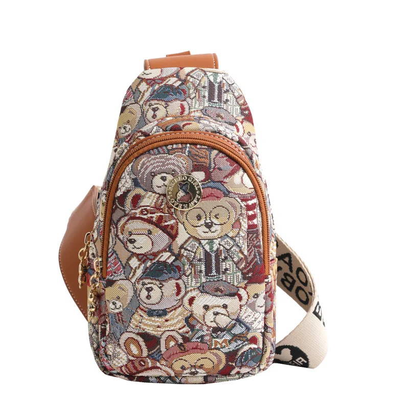 beibaobao 2024 New Cartoon Bear Chest Bag Casual Women\'s Bag Trendy Fashion Waist Bag Zero Wallet Sports Shoulder Bag Mobile Bag