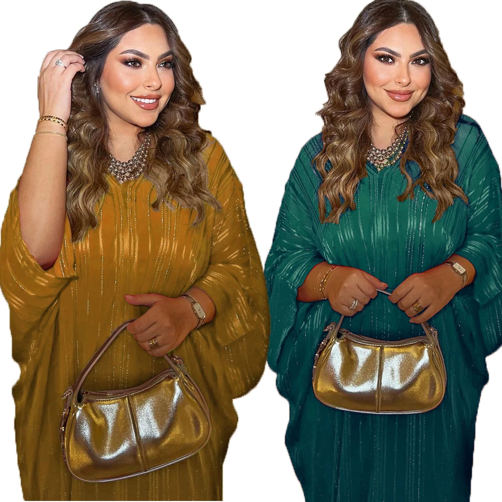 Modest Abayas Fashion Women Muslim Shiny Silk Dress Set Turkey Kaftan Bat Sleeve Dubai Eid Party Evening Morocco Caftan Jalabiya