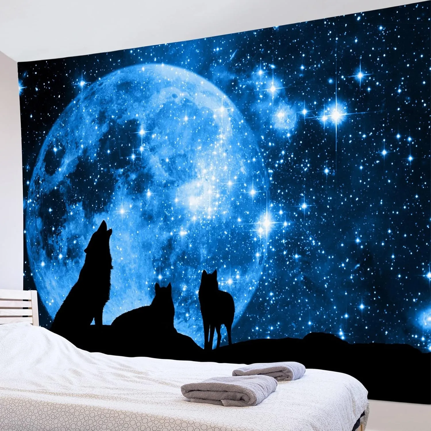 Under the Moon Wolf Pack Bedruckter Wandteppich Hippie Wandbehang Stoff Bohemian Mandala Heimdekoration Ideales einzigartiges Geschenk Creativit