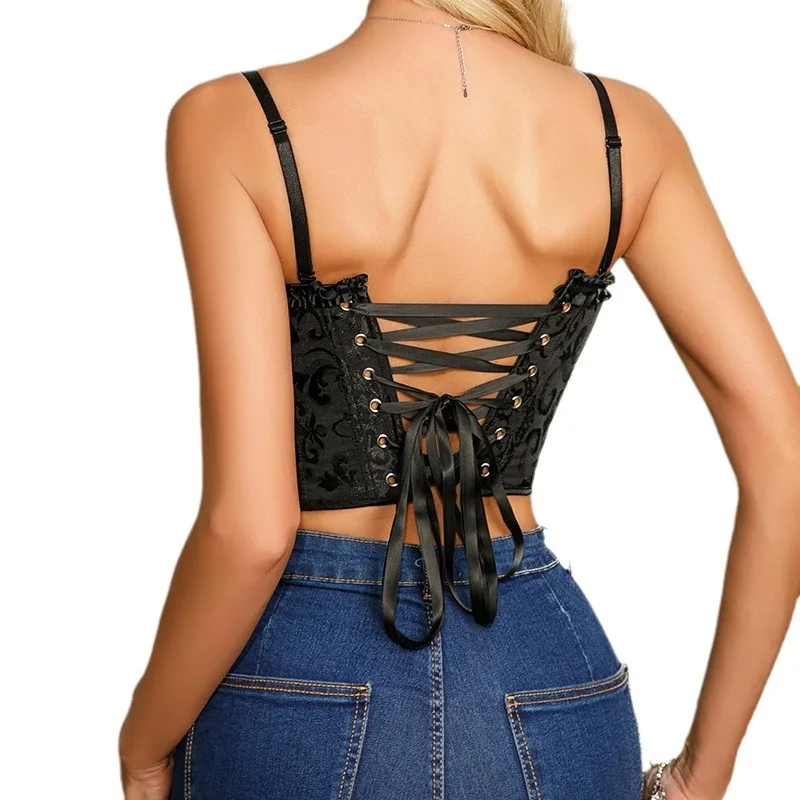 Women Black Jacquard Corset Sexy Slim Fit Camisole Lace-Up Adjust Overbust Corset Shoulder Strap Flounce Bustier Party Costume