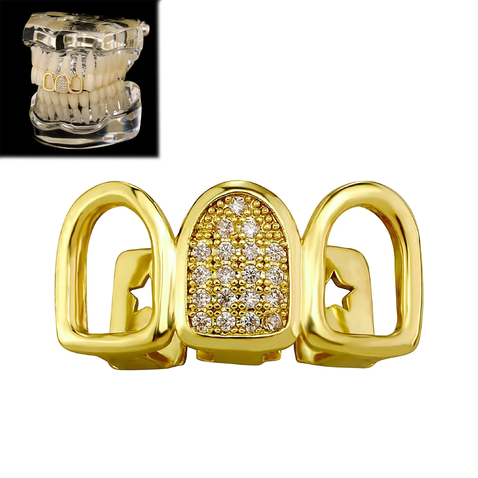 Rhinestone Teeth Cover Gold Plated Hollow Out Three Row Grillz With Zirconia Teeth Cover For Halloween Party Stage Performance