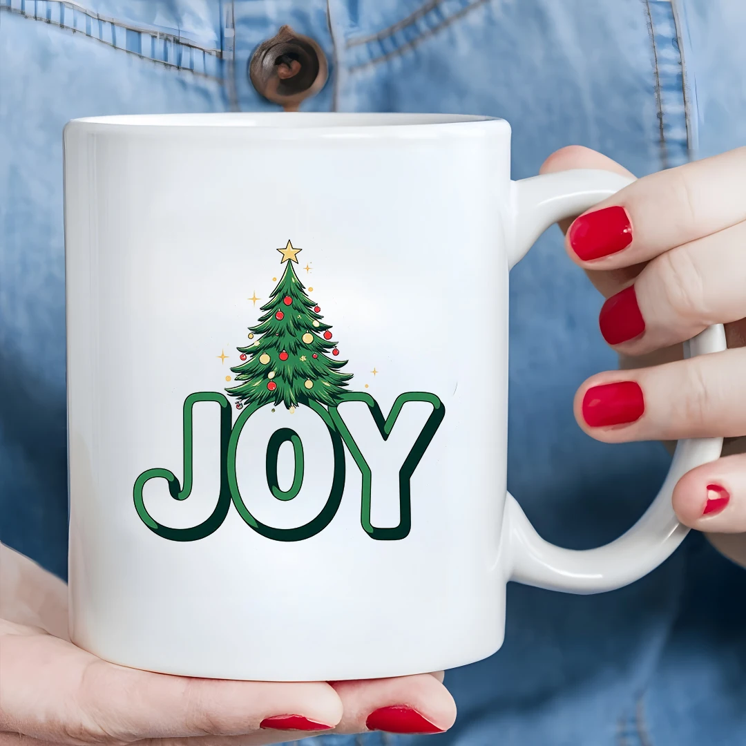 11オンスカップ + 漫画のクリスマスツリー柄 + フェスティブジョイロゴ クリスマスギフト キッズウォーターカップ ファミリーオフィスコーヒーカップ