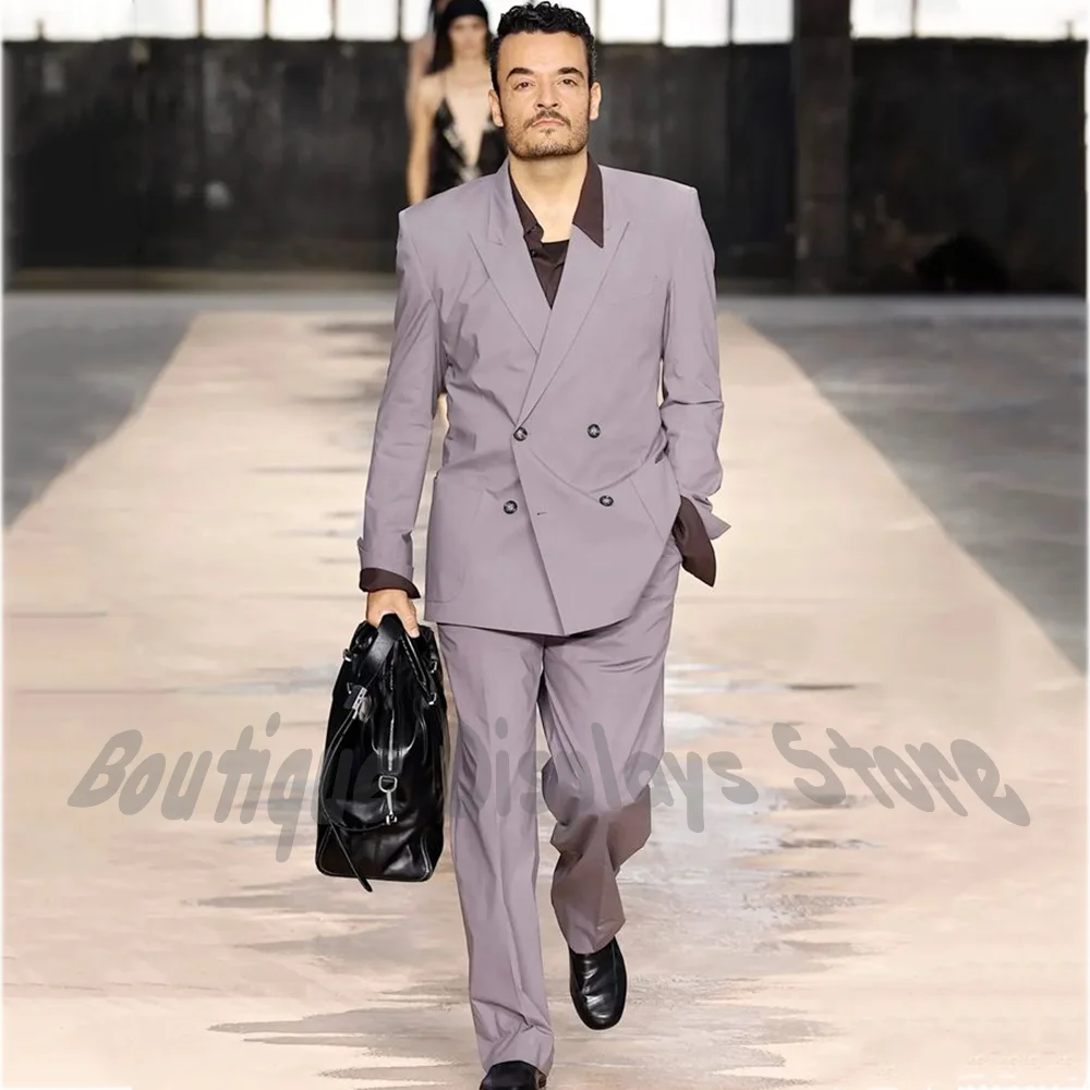 Stylish Double Breasted Men Suit Two Piece Oversized Peak Lapel Blazer Pants Fashion Runway Business Wedding Guest Costume Set