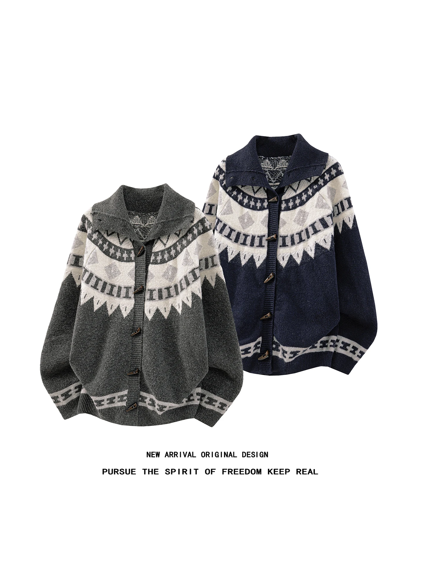 American Style Loose Men's Knitted Sweater Cardigan with Horn Buttons Stand Collar Autumn Winter Warm Geometric Patterned Coat