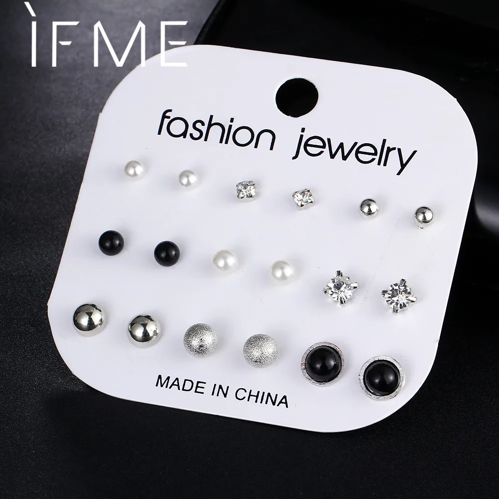 IF ME Fashion Crystal Mixed Stud Earring Set for Women Silver Color Simulated Pearl Geometric Round Female Piercing Earrings New