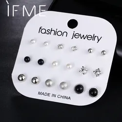 IF ME Fashion Crystal Mixed Stud Earring Set for Women Silver Color Simulated Pearl Geometric Round Female Piercing Earrings New