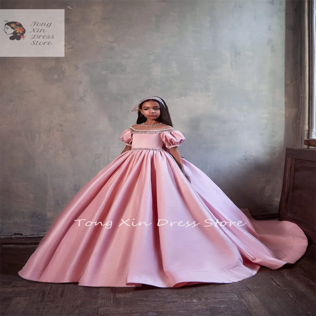 Customized Girls Pageant Dresses Princess Satin Jewel Neck Short Sleeves Crystal Beads Kids Flower Girl Dress Ball Gown Birthday