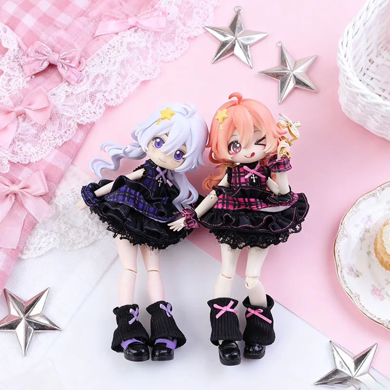 OB11 Doll Clothes Gothic Lolita Plaid Dress Idol Star 1/12 BJD Outfit Lace Skirt Socks Shoes For GS Obitsu11 Doll Accessories view 2