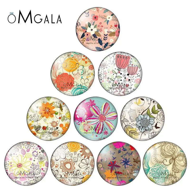 Fashion Spring Flowers Art Drawings Patterns 12mm/16mm/18mm/20mm/25mm Round photo glass cabochon demo flat back Making findings