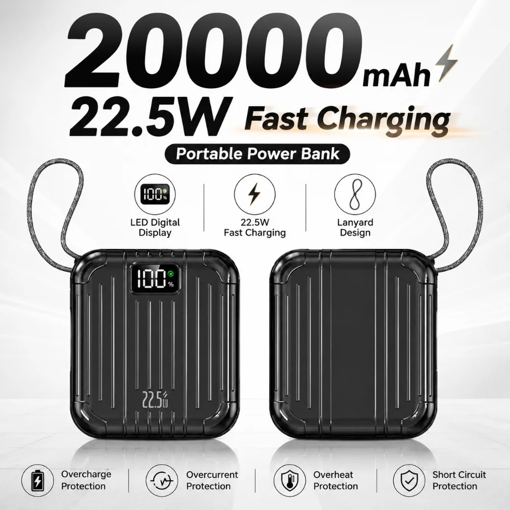 22.5W Super Fast Charging Power Bank, Built-in Dual Cables & Lanyard, Lightweight Compact Portable Charger, Silver Gray