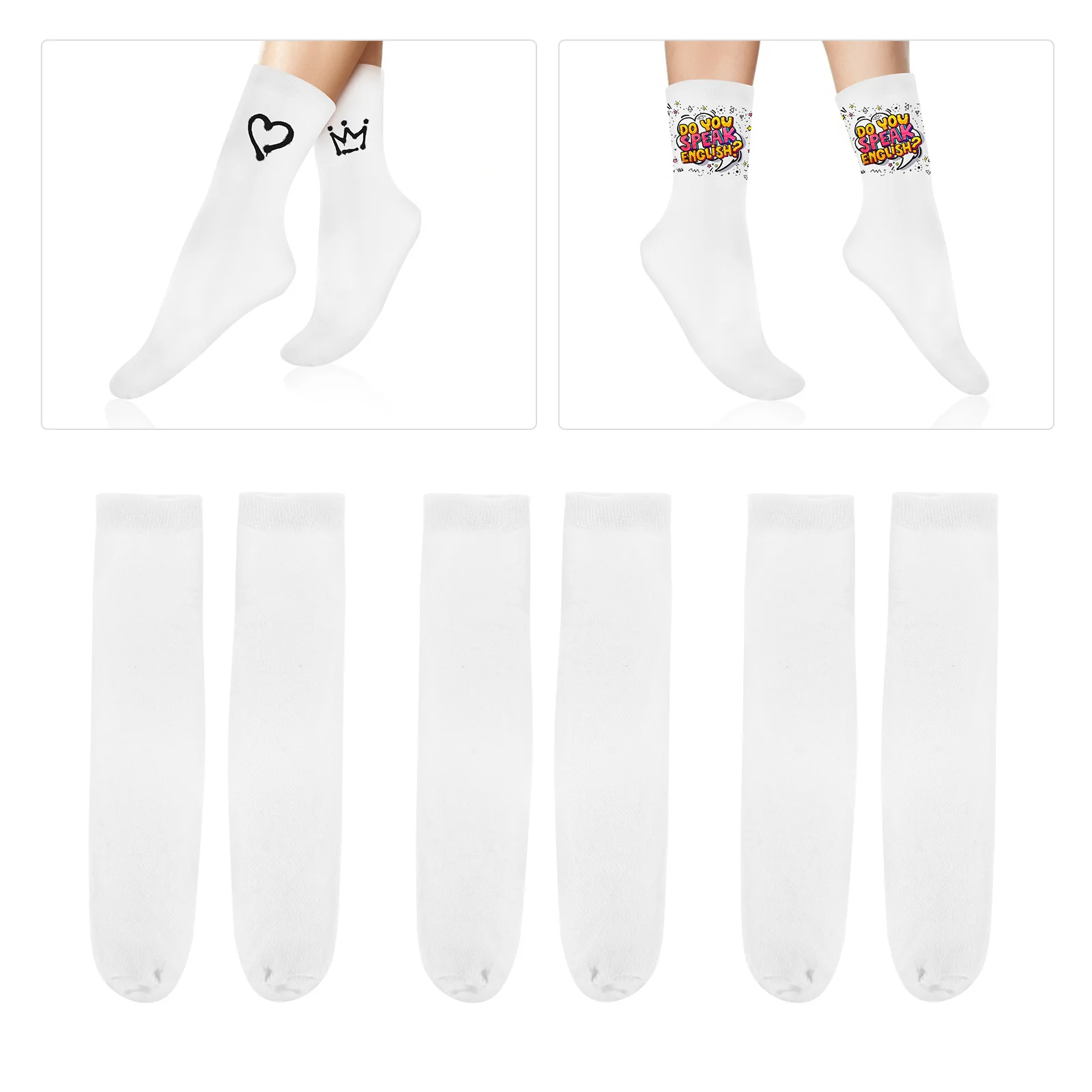 6 Pairs Sublimation Socks Elastic Double-sided Printing Hot Printable Blank Embryo White Straight