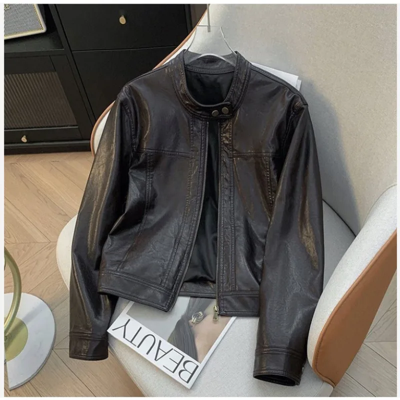 fashion stand-up collar short PU leather coat women long-sleeved versatile spring autumn slimming casual petite motorcycle wear