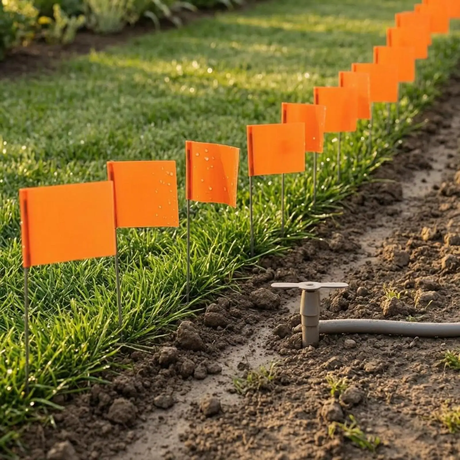 Ground Marking Flag Orange Pennant PVC Steel Stake for Garden Lawn Soil Boundary Marker