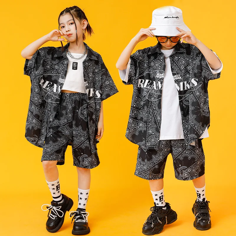 Kids Kpop Hip Hop Clothing Geometry Print Shirt Tops Streetwear Shorts For Girl Boy Jazz Dance Costume Stage Wear  Clothes