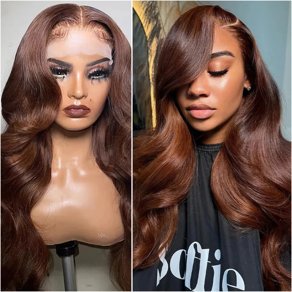 

Chocolate Brown Body Wave 13x4 Lace Front Wig Human Hair 200% Density 40 Inch Pre Plucked 13x6 HD Transparent Lace Frontal Wigs