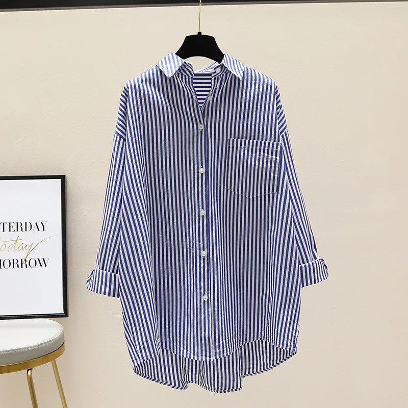 Casual Artsy Lady Shirt Shorter Front Longer Back Mid-length Vertical Stripes Girls' Casual Jacket Spring Autumn Womans' Shirt