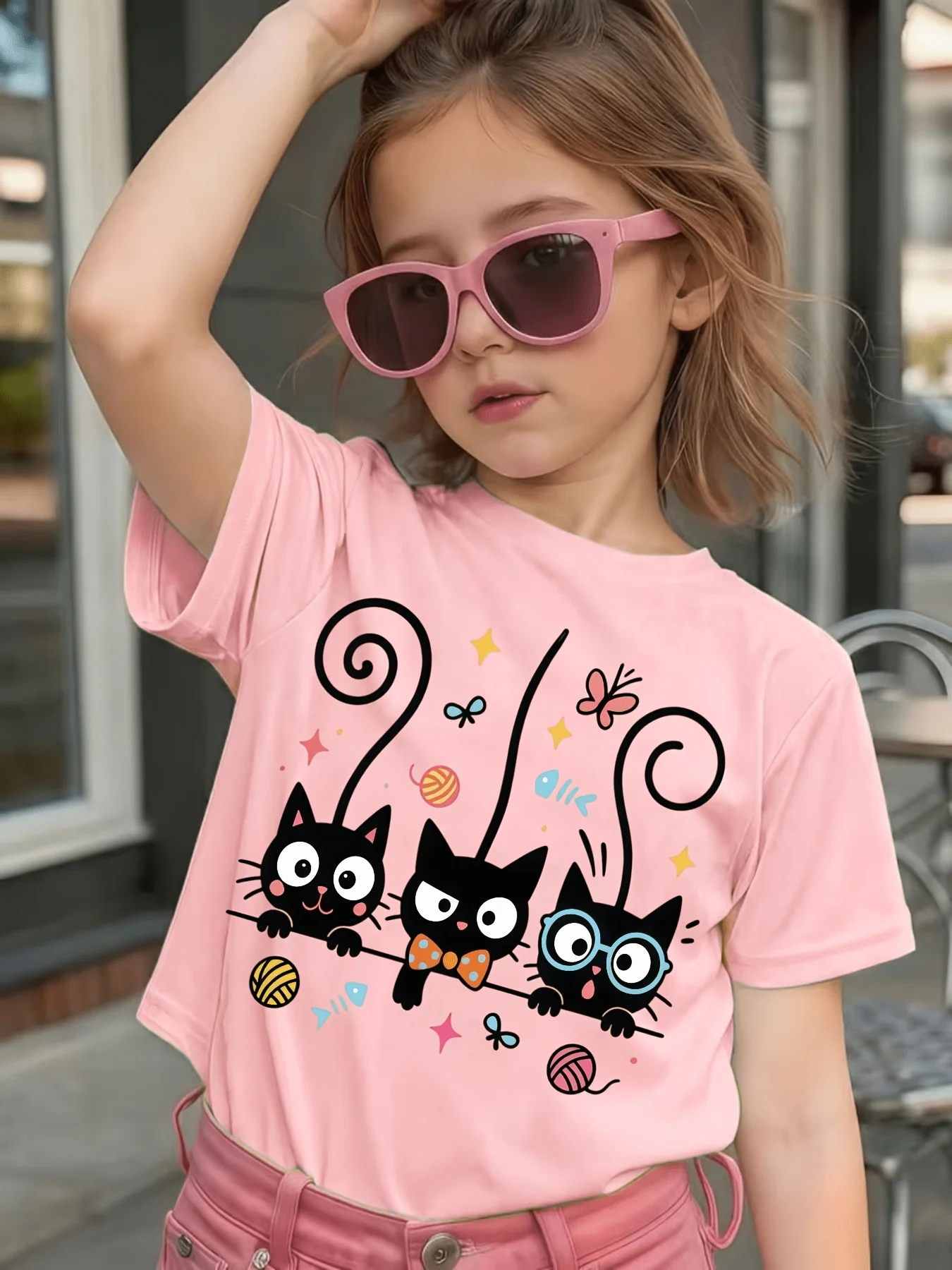 Three Black Kittens Yarn Butterfly Print Kids T Shirt Boys Girls Family Matching Cotton Short Sleeve Casual Tees For Toddler Kid