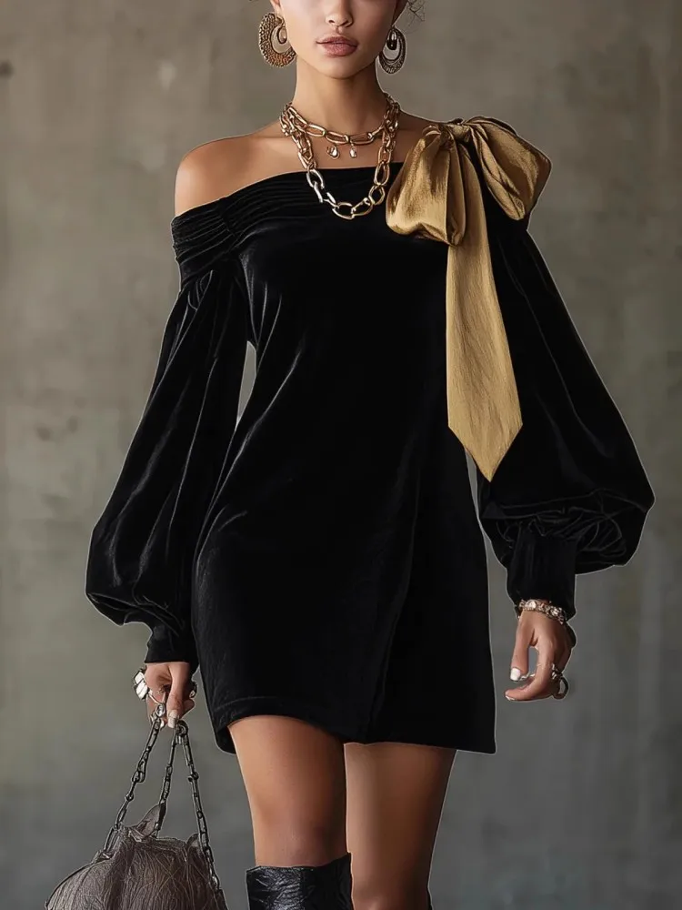 Elegancka sukienka z odkrytymi ramionami i kokardą, seksowna, elegancka, podkreślająca temperament, dopasowana sukienka vintage z długim rękawem, mini sukienka na wiosnę i jesień 2026