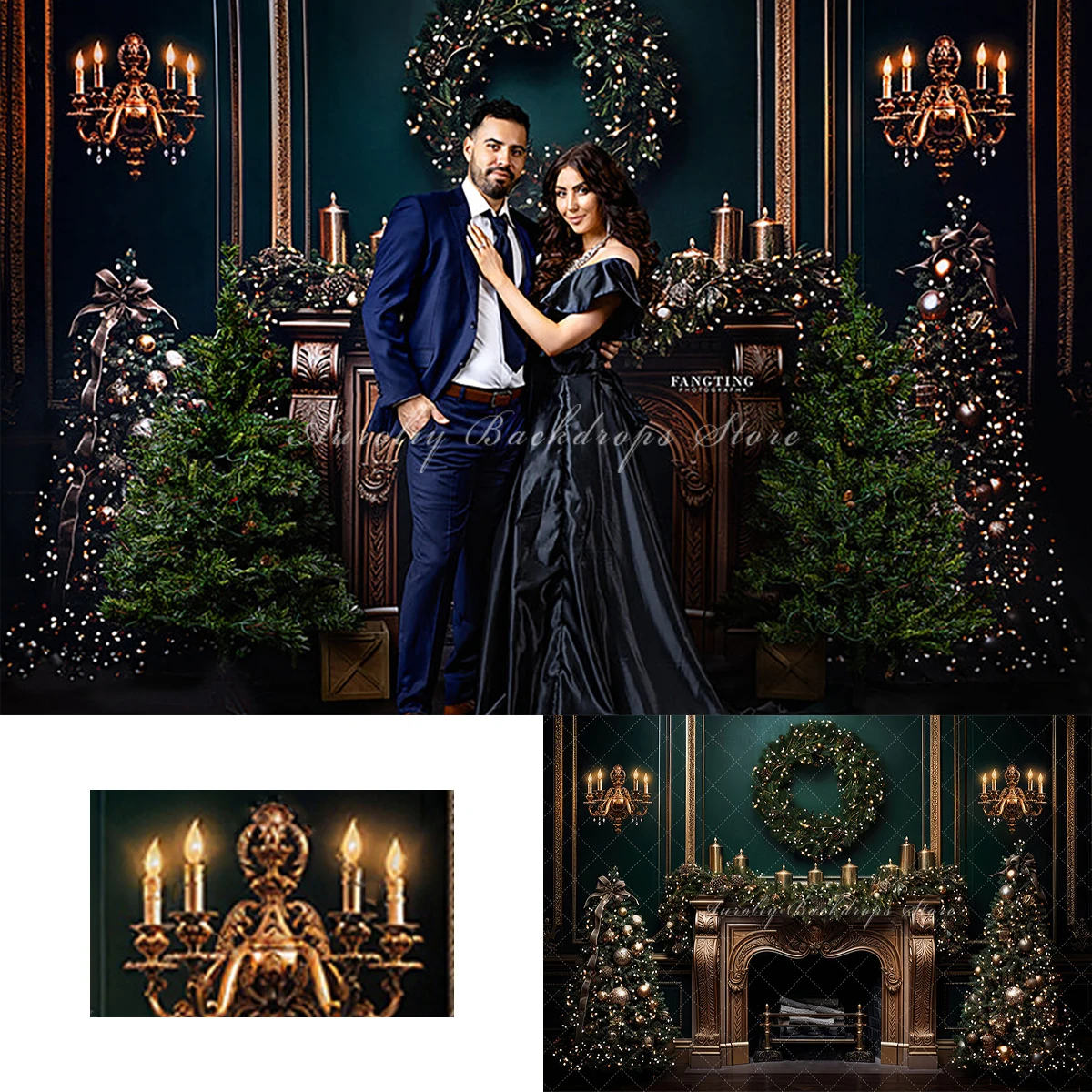 Elegant Emerald Christmas Fireplace Backgrounds Kids Adult Photography Props Child Baby Decors Xmas Wreath Photo Studio Backdrop