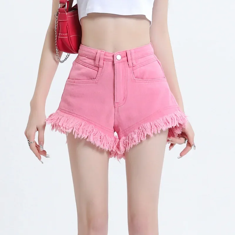 

2023 Summer Korean Style Rugged Pink Denim Shorts for Women Chic Tassel Bomb Street A-line Student Hot Pants Spicy Wide Shorts