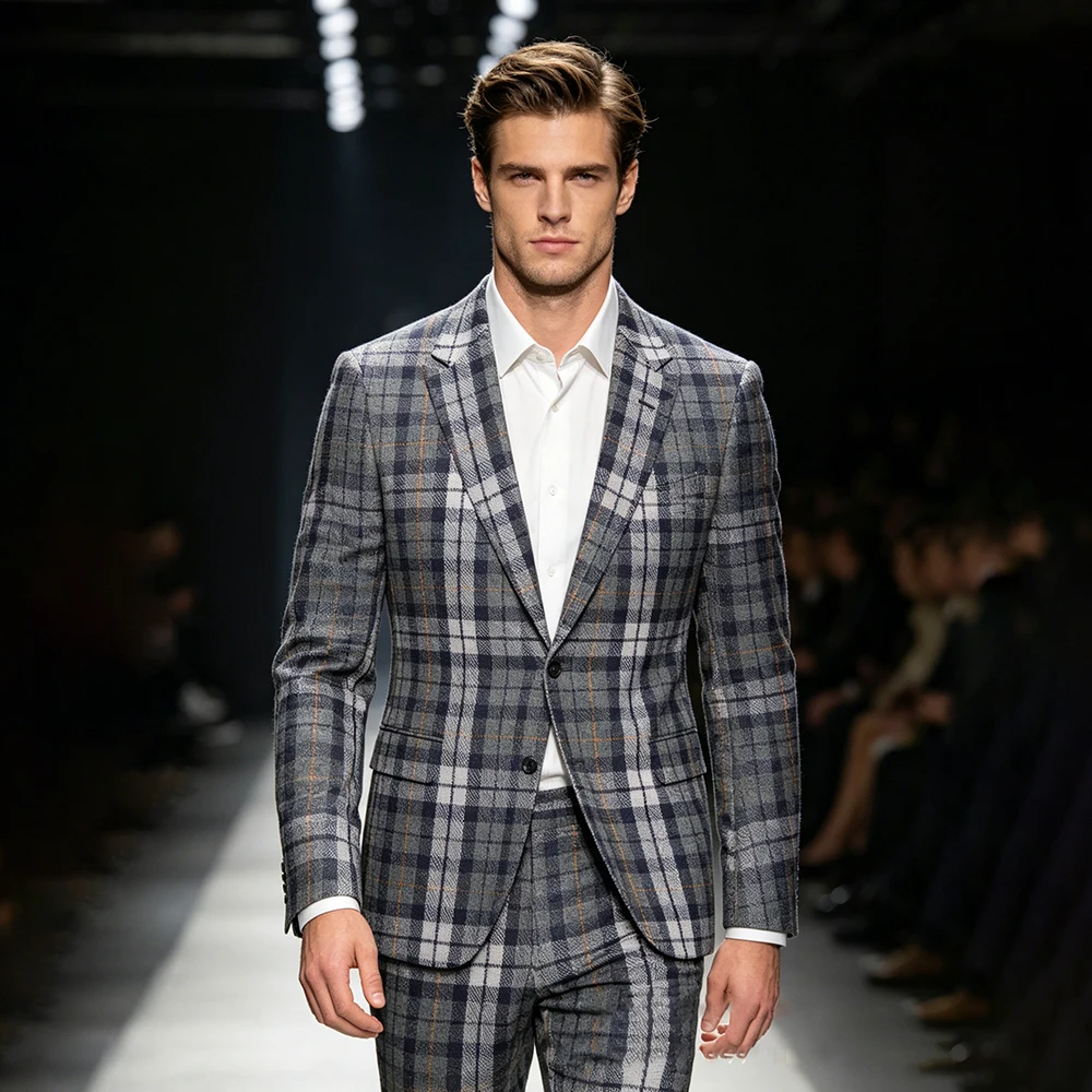 Fashion Windowpane Men's Suits Vintage Single Breasted Notch Lapel Slim Fit 2 Piece Jacket Pants Full Sets Prom Party Outfits