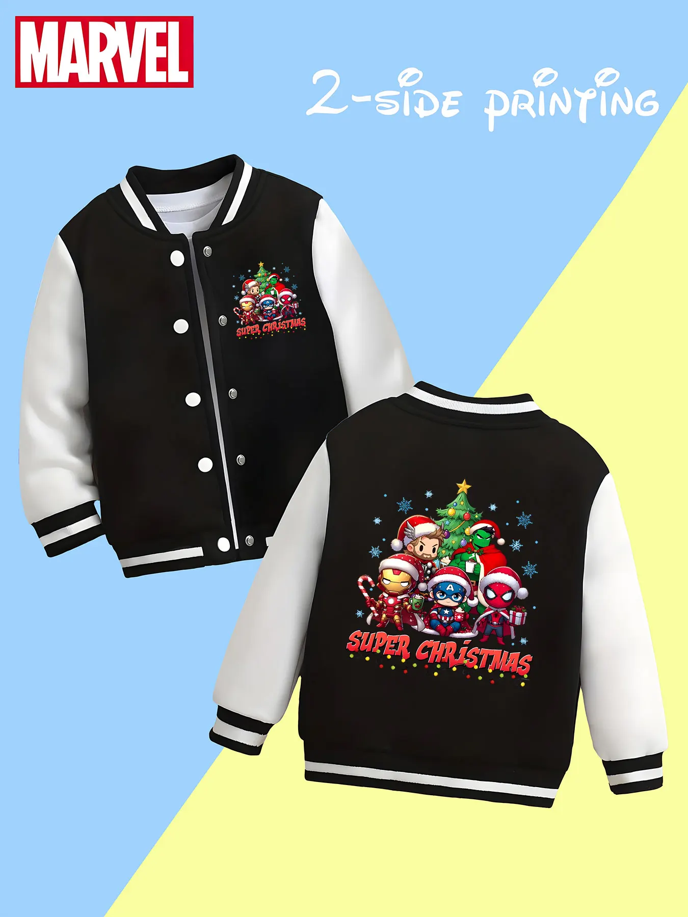

MINISO Marvel Avengers Christmas Boys Baseball Jacket - Avengers hero Christmas theme print, double-sided to show the festive at