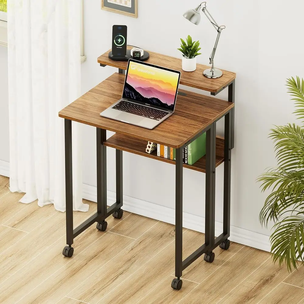 24.8 Adjustable Monitor Stand Desk with Storage, Rolling Walnut Home Office Table, USB Charging