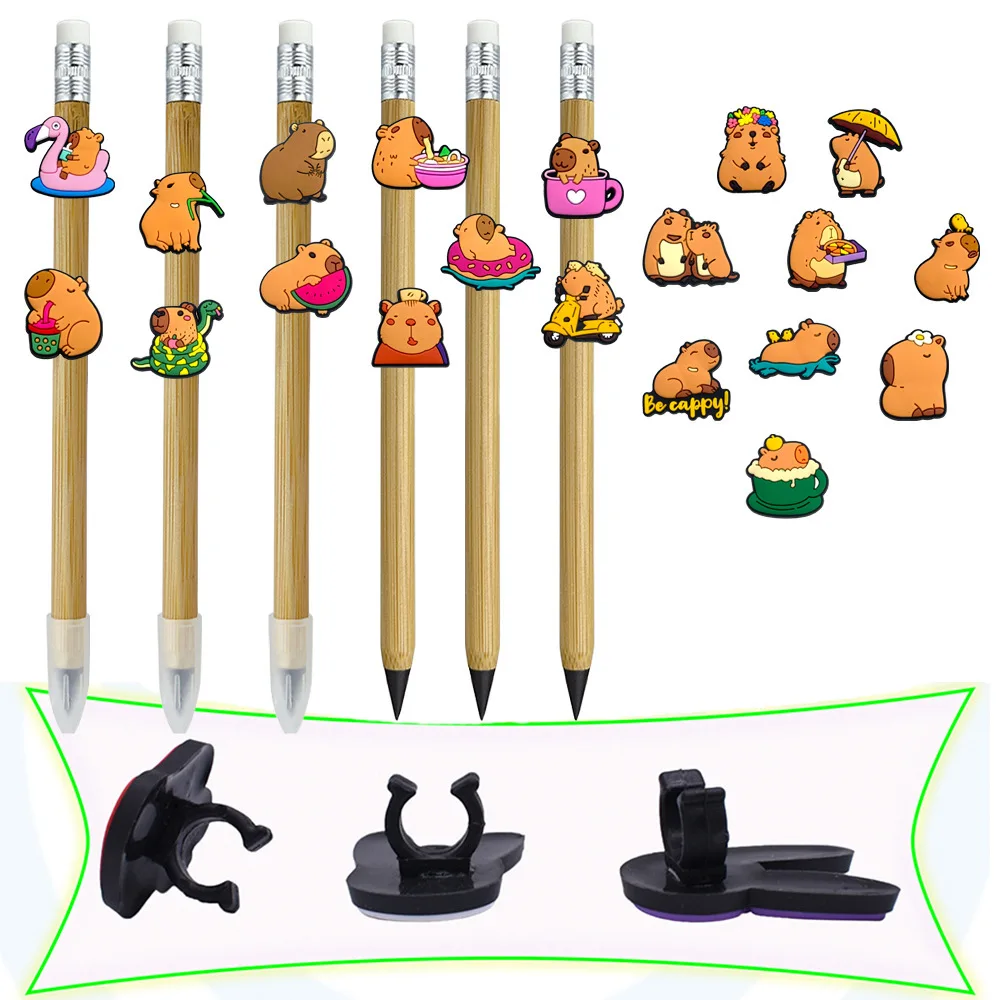 Cute Capybara PVC Pen Straw Clips Soft Rubber Decor Charms, Colorful Pencil Holder Clips Student Stationery Accessories